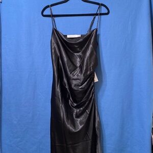 Sexy black silk adjustable spaghetti strap dress with side leg slits  size M new
